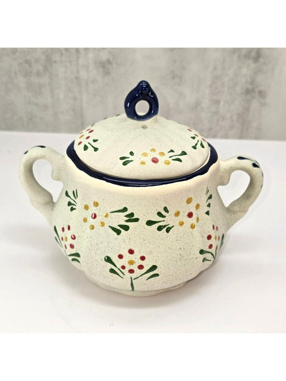 Vintage Floral Ceramic Sugar Bowl With Lid Two Handles Painted Dots CM2351